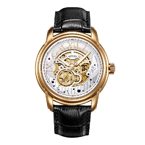 ARIES GOLD AUTOMATIC INFINUM EL TORO GOLD STAINLESS STEEL G 9005G G-S BLACK LEATHER STRAP MEN'S WATCH